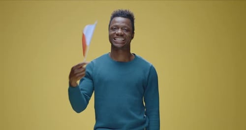 Smiling Young Adult Waving Small Flag