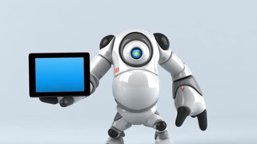 Animated 3D Robot Presenting Tablet Screen