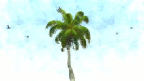 Hand-Drawn Palm Tree Animation with Flying Birds