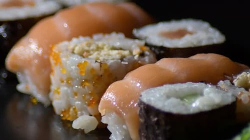 Delicious Sushi Rolls and Salmon Nigiri Close Up