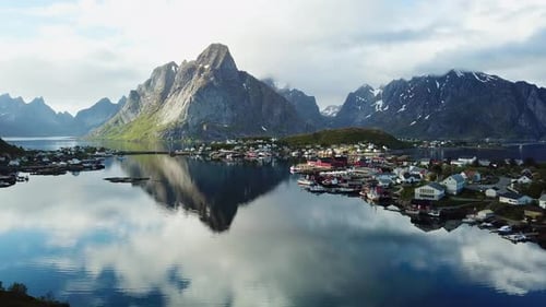Lofoten Islands. Norway. Aerial footage of small fishing village. Popular tourist destination.