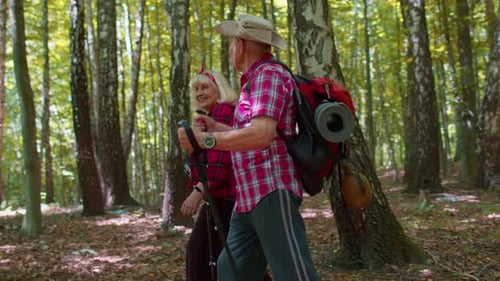 Senior Active Hikers Grandmother Grandfather Training Nordic Walking with Trekking Poles in Forest