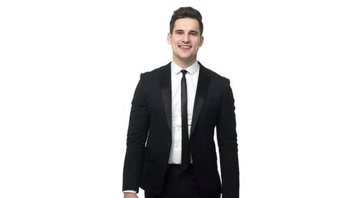 Slow Motion Handsome Young Businessman Doing Victory Gesture About Successful Achievement. Isolated