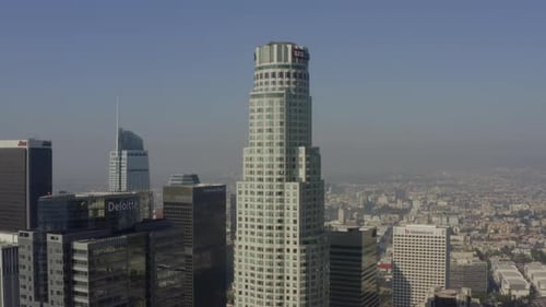 AERIAL: In Downtown Los Angeles Skyline Towards US Bank Tower in Beautiful Daylight,