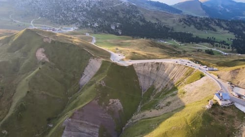 Astonishing panorama of Dolomites in Val Gardena, Italy. Green landscape. Aerial view, travel concep