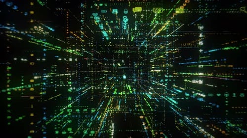 Futuristic Digital Data Stream of Animated Technology Icons