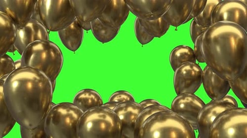 3d Render Frame of Golden Balloons on a Green Background