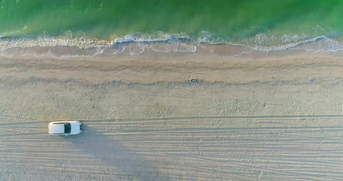 Car drives along the sandy seashore. Aerial view