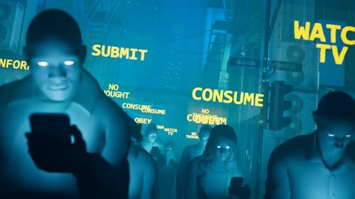 People hypnotized by their mobiles walk in the rain. Zombie walk. Mind control