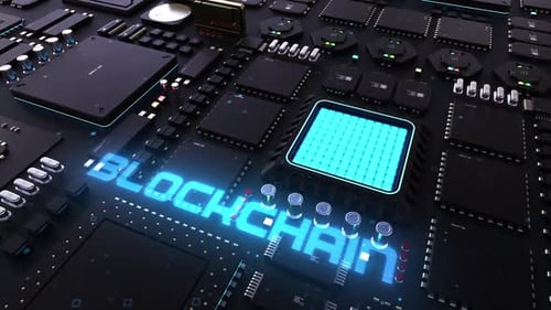 Blockchain-Header auf dem Hintergrund eines Chips mit vielen Prozessen