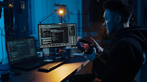 Hacker dans un casque utilisant un ordinateur portable la nuit 35