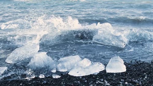 Chunks of Ice on Black Sand Global Warming Climate Change Concept Icebergs in Jokulsarlon Glacier