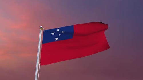 National Flag of Samoa Waving Against a Gradient Sunset Sky
