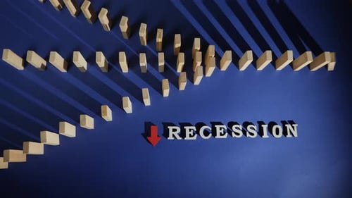 Wort Rezession und fallende Holzklötze