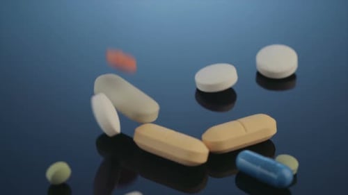 Pills and Capsules Falling onto Reflective Surface