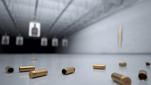 Shooting range with shells falling in front of camera. Target damaged by bullets