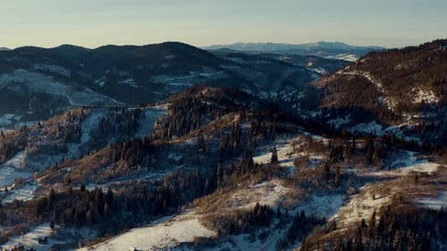 Fantastic Mountain Landscape on a Winter Morning Aerial View of Winter Forest at Sunrise Frosty