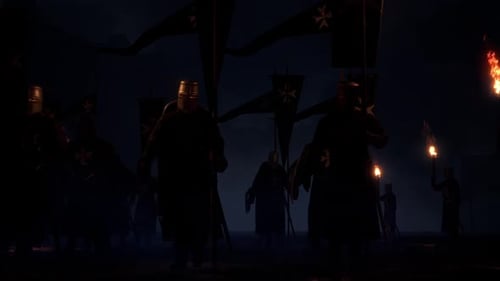 Medieval Knights Marching with Torches in Dark Night