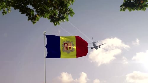 Andorra Flag Waving with Airplane Flying Over City Skyline