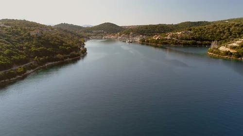 Aerial view of harbor on the bay at mediterranean sea, Greece.