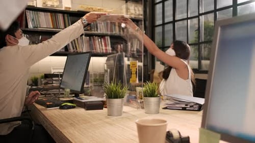 Business working with a new normal, covid-19 protection office workplace.