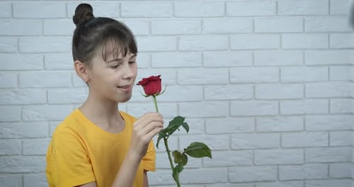 Child Smelling Red Rose in Front of Brick Wall