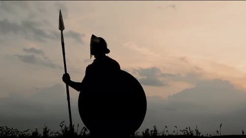 Silhouette d'un homme en armure posant avec une lance dans un champ