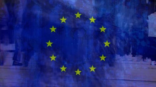 European flag with people walking in the street