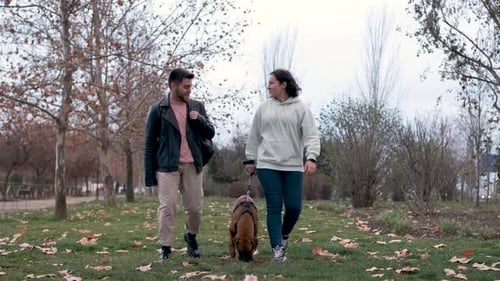 Woman taking her dog for a walk in the park while her friend walks with them. Friendship and pets co