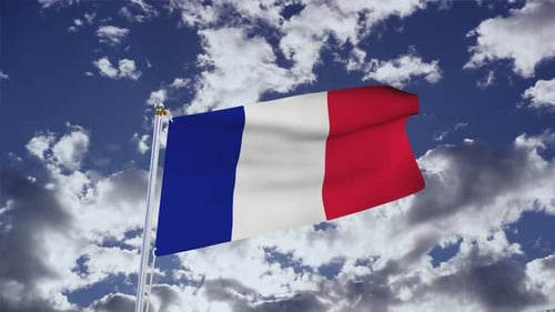 Realistic Waving Flag of France in Blue Sky