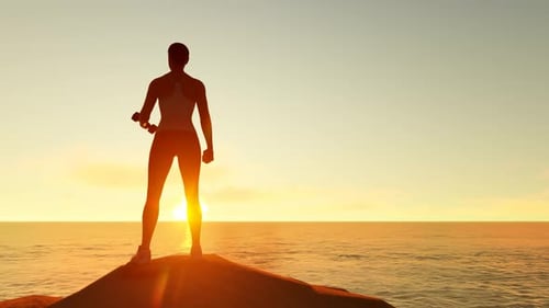Fitness Woman And Sunset Ocean