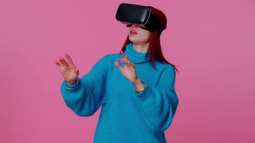 Woman Using Virtual Reality Headset and Hand Gestures