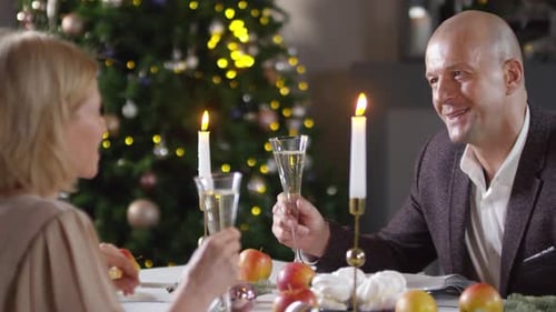 Homem caucasiano romântico fazendo um brinde para a esposa no jantar de ano novo