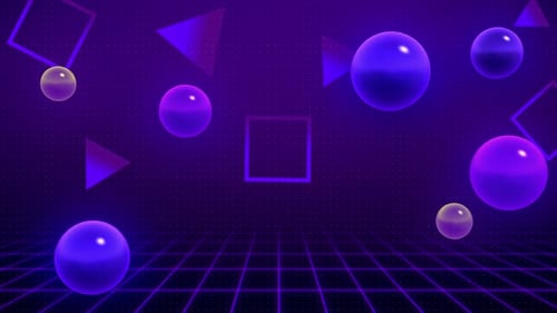 Retro Grid Background with Neon Floating Geometric Shapes