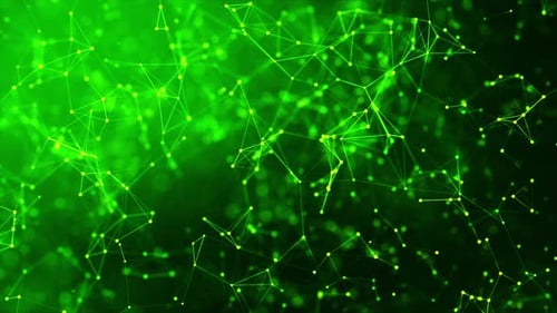 Neon glowing green lines and dots flying in the dark