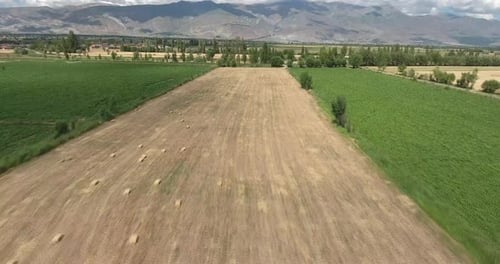 Aerial View of Fields and Distant Mountains