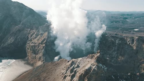 Drone View Smoking Active Crater of Volcano Epic Panorama Landscape Terrain