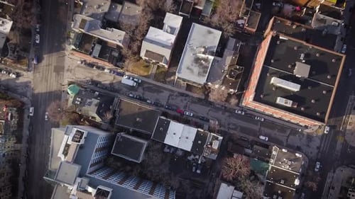 Top down aerial shot of large high rise buildings.