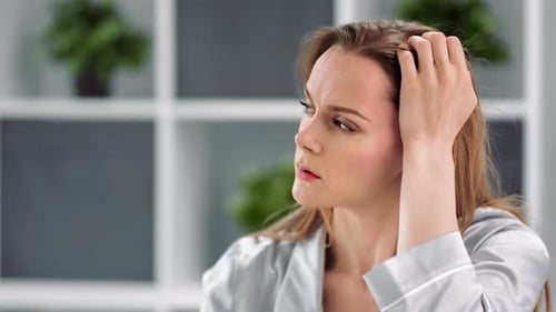 Close Up Face of Tired Domestic Girl Touching Head Have Ache at Home
