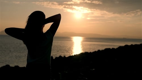 Back Side View On a Silhouette Of Wonderful Young Woman Watching To Sea And Raising Her Hands On