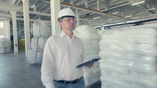 Ingenieur geht durch das Lagerhaus, einen Teil der Fabrik