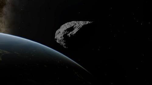 Realistic 3D Asteroid Flying Past Planet Earth Animation