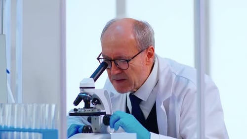 Scientist Uses Microscope in Bright Laboratory