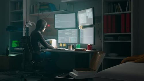 Hacker room. Digital attack. Data stealing using cyberspace. Network crime. 4K