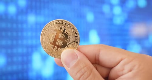 Hand Holding Gold Bitcoin Against Blurred Background