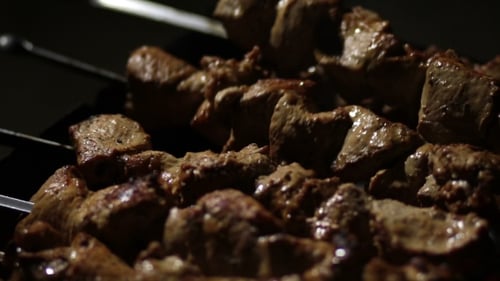 Grilled Meat Kebabs On Metal Skewers