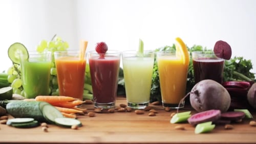 Colorful Fruit and Vegetable Smoothies Display