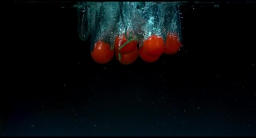 Tomates flotando en el agua