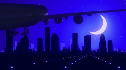 Houston Texas USA Airplane Landing Skyline Moonlight Night