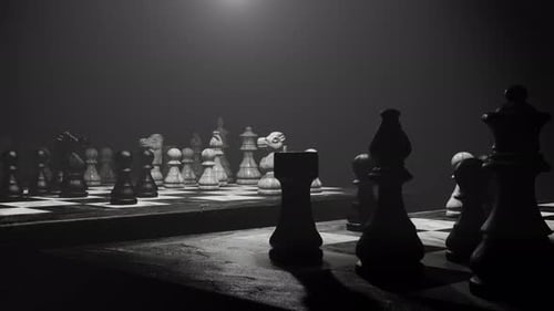 Strategic Chess Board with Dramatic Lighting and Fog